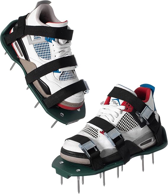 Lawn and Garden Aerator Spike Shoe with 3 Metal Buckle Straps, Green Spiked Sandal