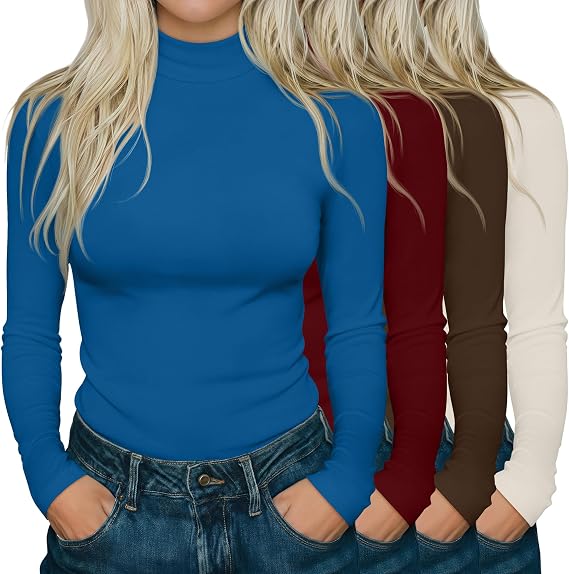 Neer 4 Pack Women's Long Sleeve Cotton Top Mock Turtleneck Shirt