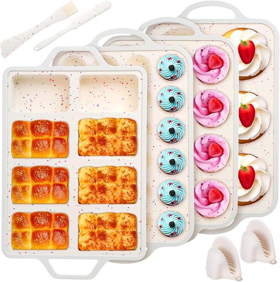 7 Pcs Silicone Baking Pan Set Nonstick Bakeware Set Include Loaf Muffin Mini Muffin and Round Pan, Spatula, Dual-head Pastry Brush Oven Mitts for Cupcakes Brownies Bread, Confetti Design