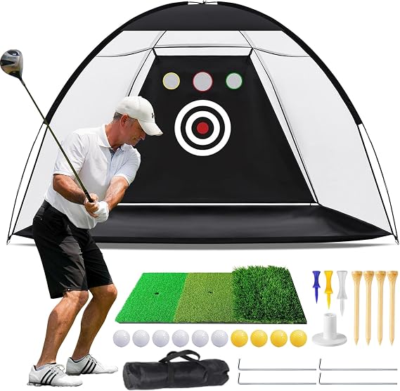 10x7ft Golf Practice Net for Backyard Driving with Triple Turf Mat, Outdoor Indoor Golf Hitting Net with 10 Practice Balls, Multiple Targets Golf Training Aid Net Accessories