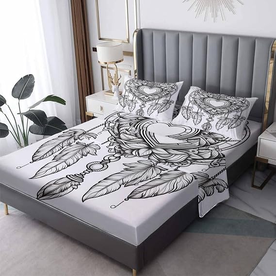 Dream Catcher Sheets Queen Size, Flower Pattern Sheet Set, Soft Microfiber Wrinkle Free Bedding Sheets & Pillowcases 4 Piece, Bedroom Decor Bed Sheets with 16 Inch Deep Pocket