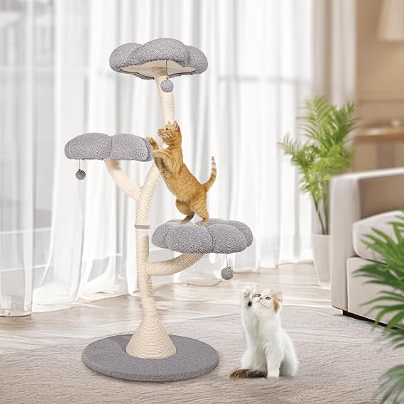 Cat Tree Tower Petal Shaped Modern Cat Scratching Post Multi-Layer Platform (Gray, 48.4inch)