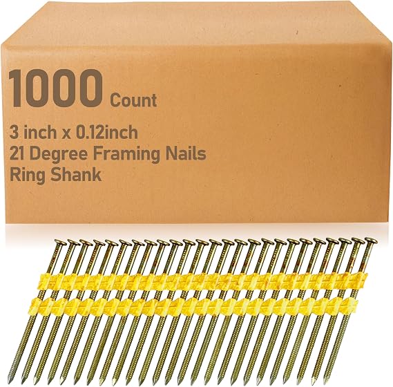 1000 Count Framing Nails 3" x 0.120, 21 Degree for Metabo Framing Nail Gun | High-Strength Painted, Ring Shank, Full Round Head