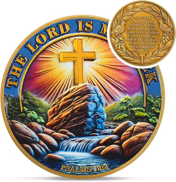 The Lord is My Rock Christian Challenge Coin - Colorful Psalm 18:2 Religious Jesus Token - Inspirational God Pocket Bible Verses Chip for Study - Good Luck Gifts for Men Women Kids Coworker