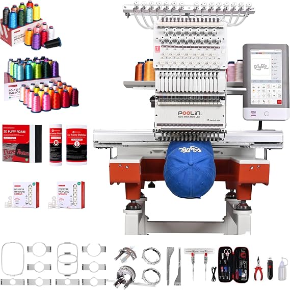 Poolin EOX 15-Needle Commercial Embroidery Machine | Starter Cap Embroidery Bundle Includes 15-Color Thread Kit, 144 Pre-Wound Bobbins & 3D Puff Foam