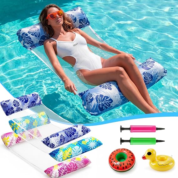 3 Pack Lilo Pool Inflatables with 2 Pumps and 2 Drink Holders, Inflatable Pool Toys for Adults Swimming Pool Floats Hammock with Net Buttom Water Floating Chair Lounger Floaties Seat for Beach Lake