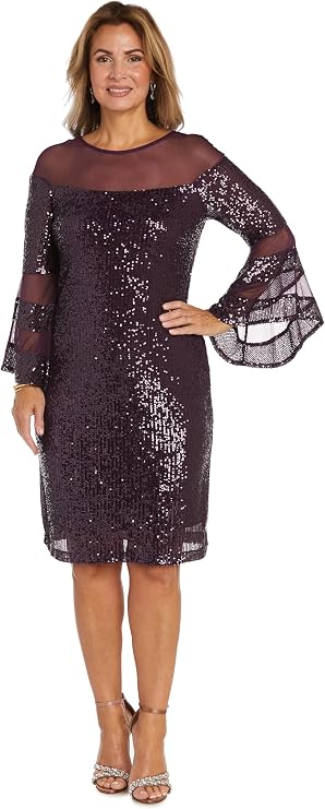R&M Richards Women's Knee Length Sequin Dress W/Illusion Neckline & Sheer Bell Sleeves