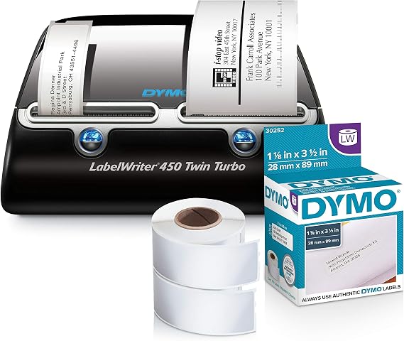 DYMO LabelWriter 450 Twin Turbo Label Printer with 1 extra roll of 350 White Mailing Address Labels (1-1/8'' x 3-1-2'')