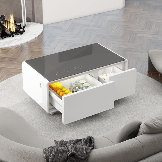 RuiSiSi Smart Coffee Table with Fridge, Smart Center Table with Wireless Charging Station, Temperature Control for Living Room, White