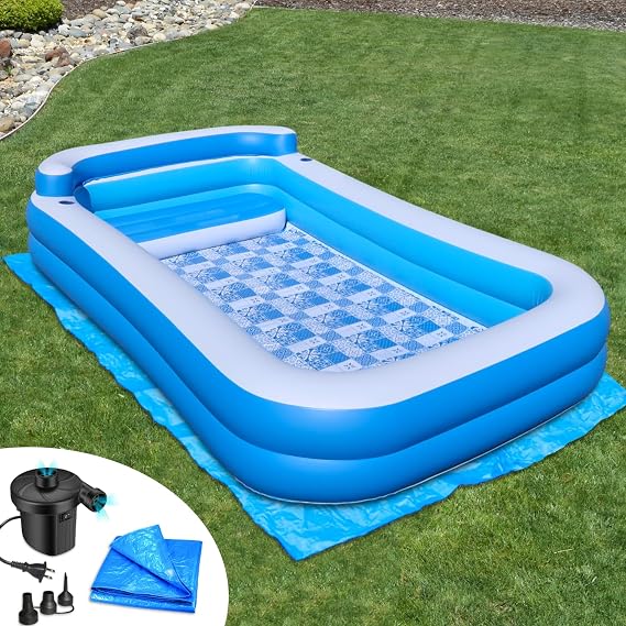 Inflatable Pool w/Bench Seat, 10ft x 6ft, Electric Pump & Ground Tarp Included - Fast Setup and Reinforced Seams