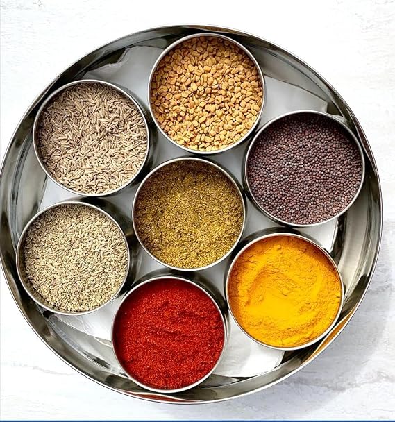 Saachi Large Stainless Steel Spice Masala Box Premium Double Lid Heavy Quality with 7 Containers and a Spice Spoon