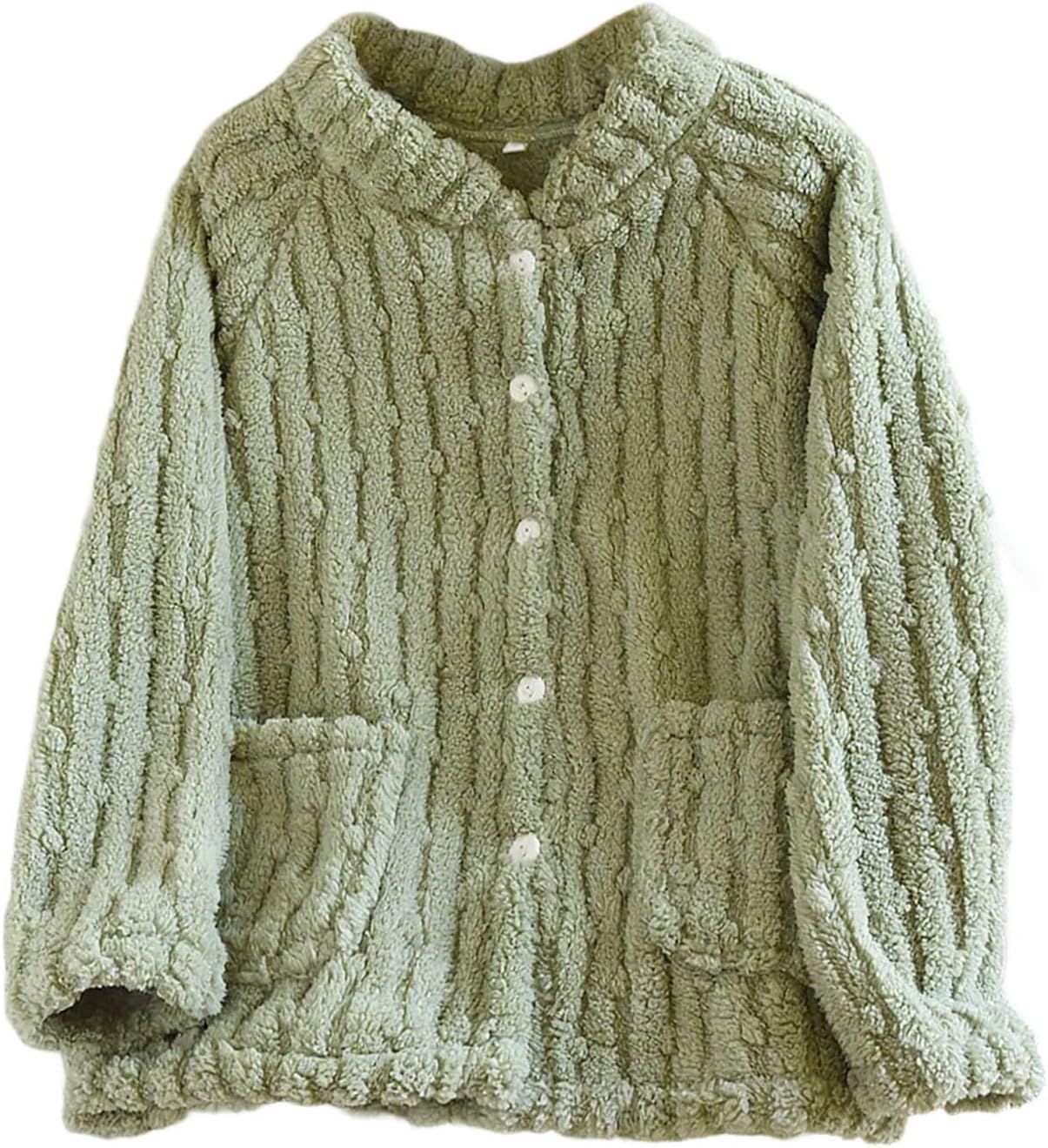 Oplxuo Women Plush Pajama Tops Button Down Sleepwear Fuzzy Fleece Jacket Long Sleeve Soft Warm Winter Coat with Pockets
