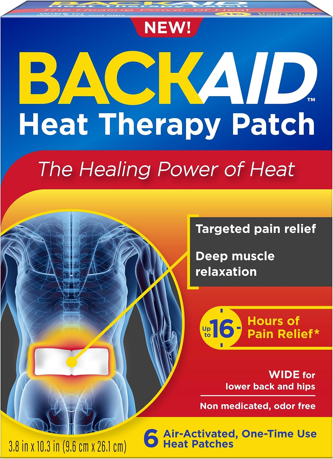 Backaid Heat Therapy Patch, Portable Heating Pad, Wide for Lower Back and Hip Pain Relief, 6 Count, White