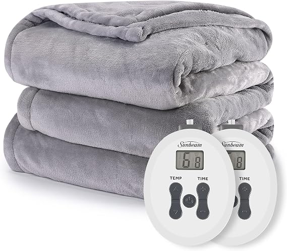 Sunbeam Grey Mist Velvet Electric Heated Blanket Queen Size, 84" x 90", 12 Heat Settings, Fast Heating, 12 Hour Auto-Shut Off, Machine Washable