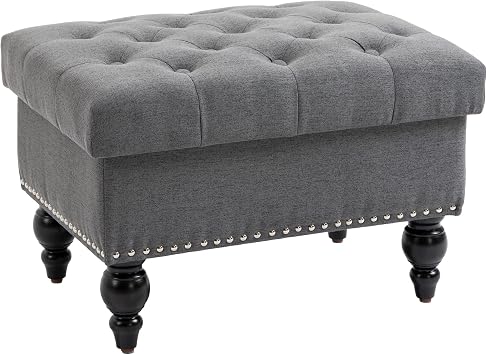 HOMCOM Ottoman with Storage for Living Room, 25" Storage Ottoman with Removable Lid, Button-Tufted Fabric Bench for Footrest and Seat with Wood Legs, Gray