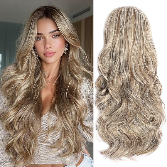 Half Wig Long Wavy Highlights 24 Inches Curly 3/4 Full Head Wig