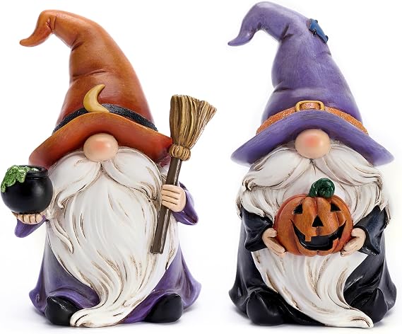 Valery Madelyn Gnomes Halloween Decorations Indoor, 2 Pcs Resin Gnome Decor for Home with Witch Hat Broom Jack O Lantern Moon, Halloween Figurines Elf Dwarf for Table Tiered Tray Outdoor, 3.6"