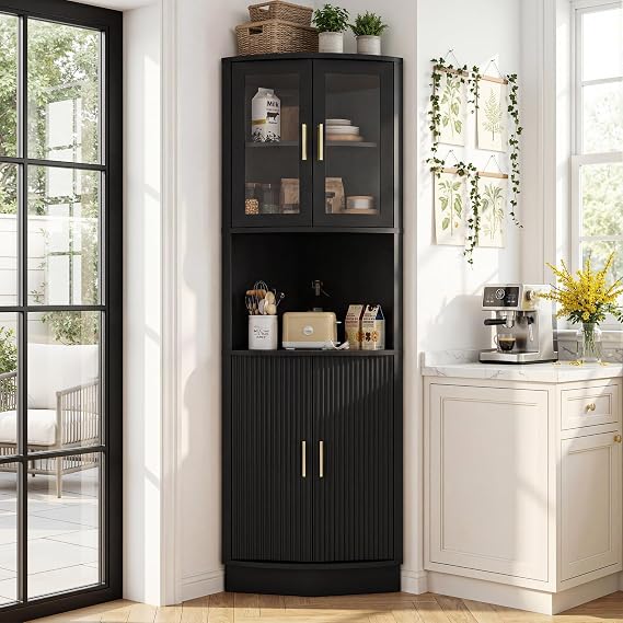 BonVache Tall Corner Storage Cabinet, Bathroom Corner Shelf Unit with Glass Door and 5 Storage Shelves, Freestanding Sideboard Cabinets for Living Room Kitchen, Black