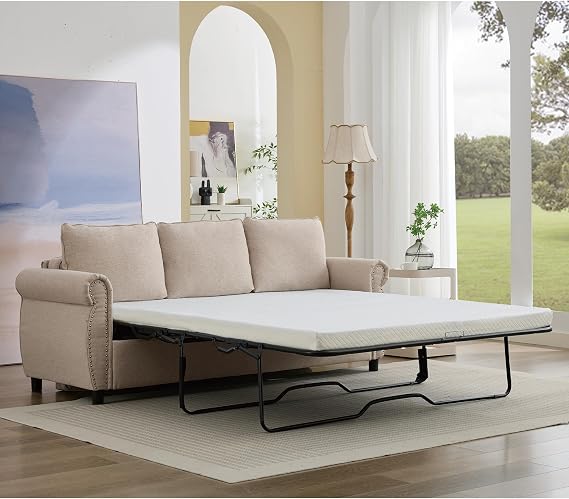 Queen Pull Out Sofa Bed, Sleeper Couch Beds with Memory Foam Mattress, Sleeper Pullout Bed for Living Room (Beige, 81.5" Queen Size)