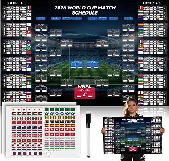 World Cup Match Schedule Poster 2026, 35"x23" World Cup Merchandise Calendar Wall Chart Decorations, Tournament Bracket Wall Chart for Soccer Fans, Party Decorations