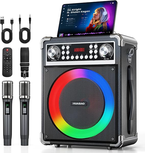 Karaoke Machine with 2 Wireless Microphones, Portable Bluetooth Speaker of Adults & Kids, PA System with Remote & Lights, Bass/Treble Control, Support USB/AUX/TF/FM, Party Speaker for Home