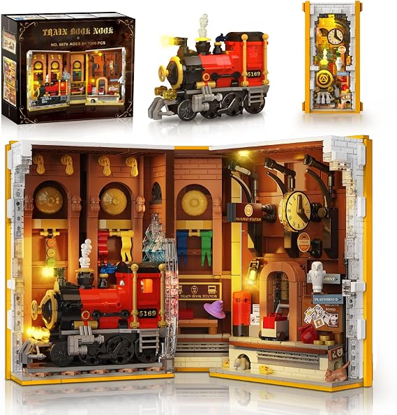 HOGOKIDS Magic Train Station Book Nook Building Set with Light, 1300 PCS Booknook Building Toys for Bookshelf Home Decor, DIY Miniature House Model Kit, Gifts for Adults Boys Girls Age 10+