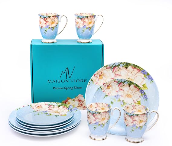Parisian Spring Bloom Plates and Mugs Set Of 12 Blue ceramic,Floral,European,Elegant,Kitchen,gift box,gold,porcelain,Vintage,aesthetic,Dinnerware set,Plate set,salad plates,dishes,cups set