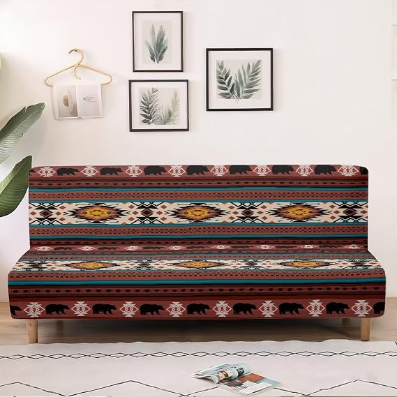 Aztec Geometry Futon Bed Covers Slipcover with Elastic Bottom Soft Removable Pet Friendly Couch Cover for Living Room Folding Couch Slipcover