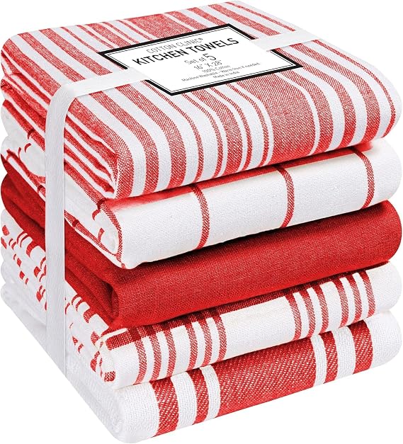 Cotton Clinic Kitchen Dish Tea Towels, 16x28 Inch, Red, Set of 5
