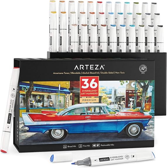 ARTEZA Alcohol Art Markers Set of 36 Americana Tones, Medium Chisel and Fine Nib, Dual Tip Markers for Drawing and Sketching