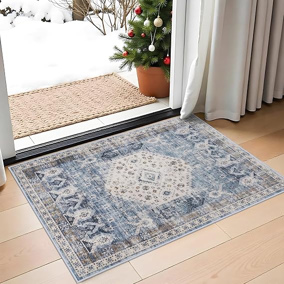 Washable Living Room Area Rug - 2x3 Small Bedroom Rugs Vintage Rustic Style Carpets with Non Slip Backing Distressed Floor Mat for Dining Room Kitchen Bathroom (Aqua Blue, 2'x3')
