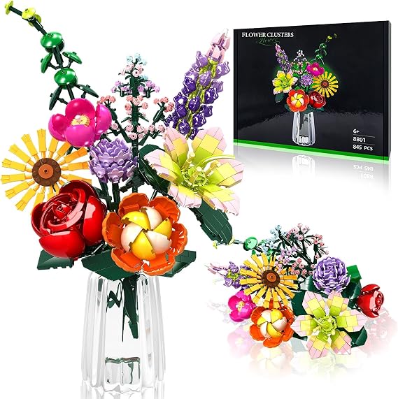 Flowers Bouquet Building Set, 9 Kinds of Flowers Botanical Collection and Decorative Home for Mother's Day, Birthdays, Valentine's Day Gifts Ideal for 6+ Women Girls Adults, No Vase