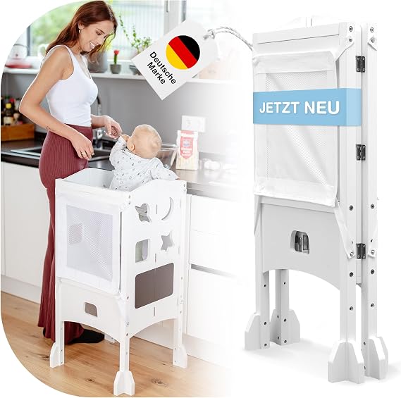 BabybeFun Learning Tower from 1 Year - Foldable Learning Tower with 360° Safety Net - Extra Stable and Solid Learning Tower - Pre-Assembled with Anti-Tilt Protection