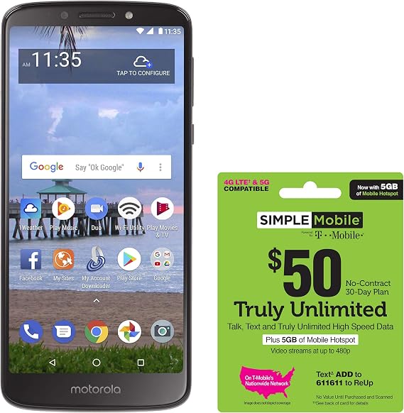 Simple Mobile Motorola Moto e5 4G LTE Prepaid Smartphone with $50 Truly Unlimited Airtime Bundle