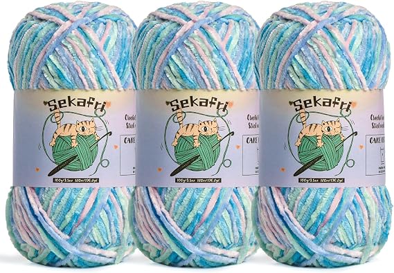 3 Pack of 300g (590yds) Fuzzy Chenille Yarn for Crocheting,Fluffy Amigurumi Crochet Yarn for DIY Craft/Hat/Clothes, Soft Velvet Baby Blanket Yarn(3 Candyfloss)