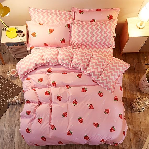 LAMEJOR Duvet Cover Set Twin Size Strawberry/Chevron Pattern Reversible Sweet Bedding Set Comforter Cover (1 Duvet Cover+2 Pillowcases) Pink