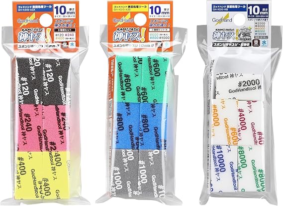 GodHand Kamiyasu Sanding Sponge Assortment Set Coarse Medium Fine 120, 240, 400, 600, 800, 1000, 2000, 4000, 6000, 8000, 10000 Grit 10mm Reusable Pack for Plastic Models 34 Pieces
