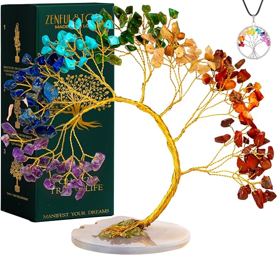 Crystal Tree of Life 7 Chakra Spiritual Decor for Home & Office | Handmade Crystal Moon Shape Bonsai for Positive Energy & Healing | Wonderful Gift for Her and Him