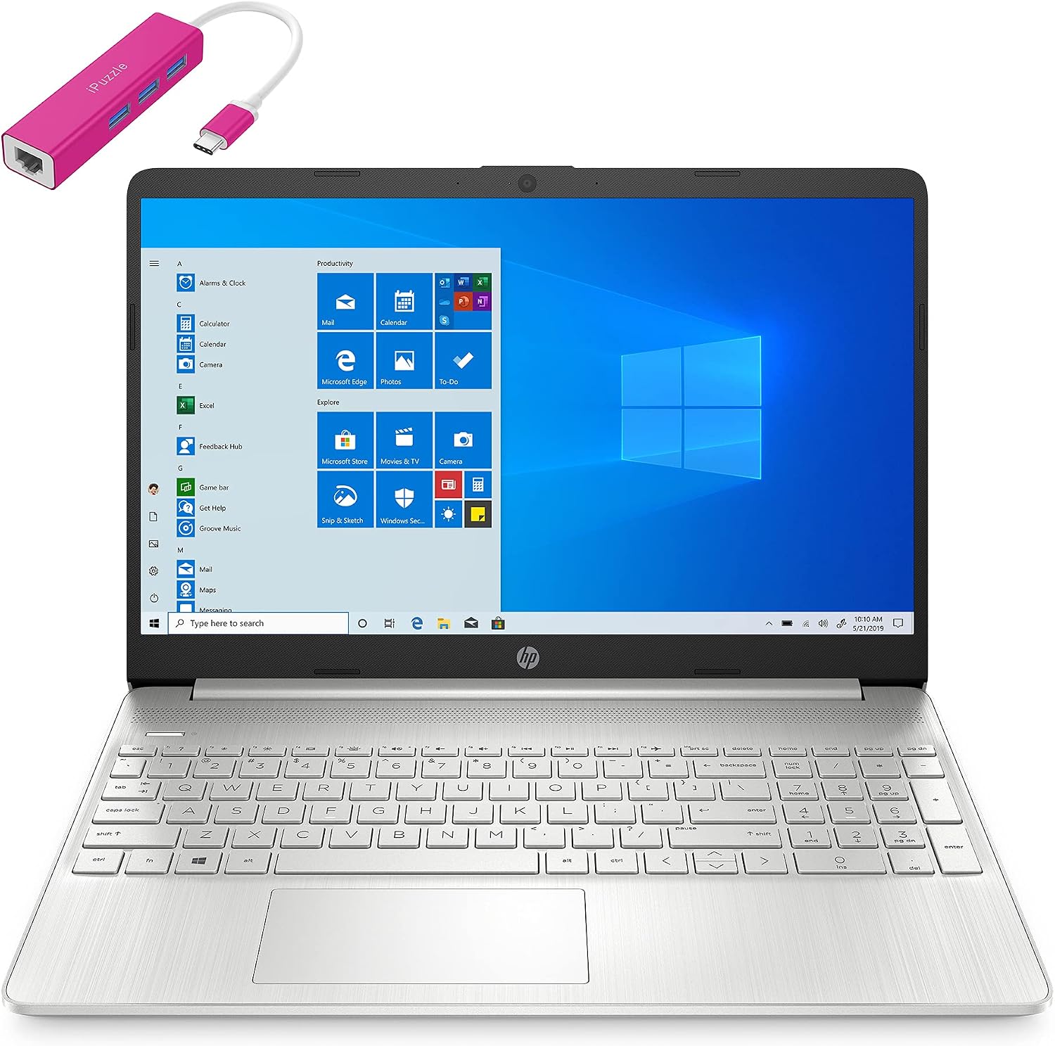 HP 15 15.6 FHD Laptop Computer, AMD Ryzen 3 3250U up to 3.5GHz Beat i3-10110U, 8GB DDR4 RAM, 128GB SSD, 802.11AC WiFi, Bluetooth 5.0, Webcam, Type-C, HDMI, Silver, Windows 10 S, Type-C HUB