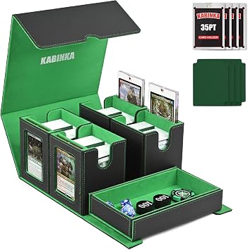 Kabinka Card Deck Box for MTG Commander, Holds 400+ Double-Sleeved Cards, 5 IN 1 Detachable Card Case with Dice Tray, Fits Magic/TCG Cards, 4 Magnetic Card Holders & Dividers Black Green
