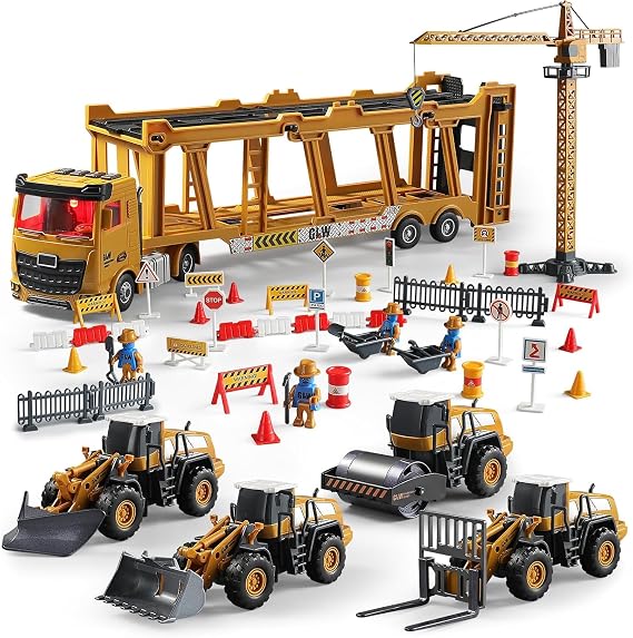 Construction Trucks Toy Set Alloy Inertia Driving 1:40 & 1:55 Simulation Model Toys, Including Forklifts, Wheel Loader, Road Rollers, Bulldozer, and High Cranes with Scenario Accessories