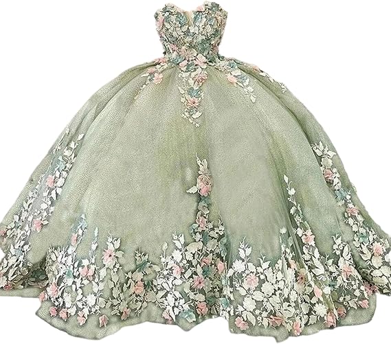 3D Flower V Neck Mint Green Gown, Sleeveless Strapless Floral Embroidered Prom Dress