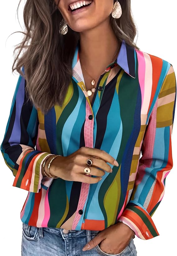 siliteelon Blouses for Women Long Sleeve Button Down Shirts Printed Wrinkle-Free Dressy Casual Blouse Spring Fall Trendy