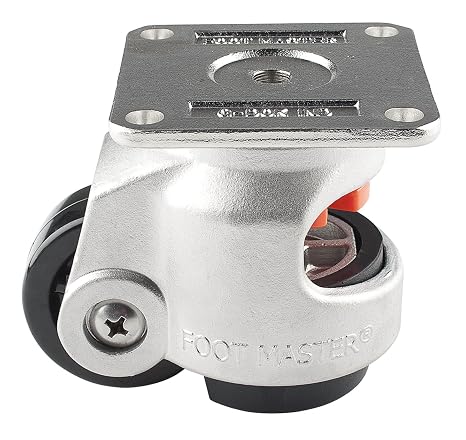 FOOT MASTER SGDN-80-F-NYN Leveling Caster, 63 mm Nylon 66 Wheel, Stainless Steel, Height Adjustable Foot Pad, Plate Mounted Swivel Caster, 550 kg Load Rating