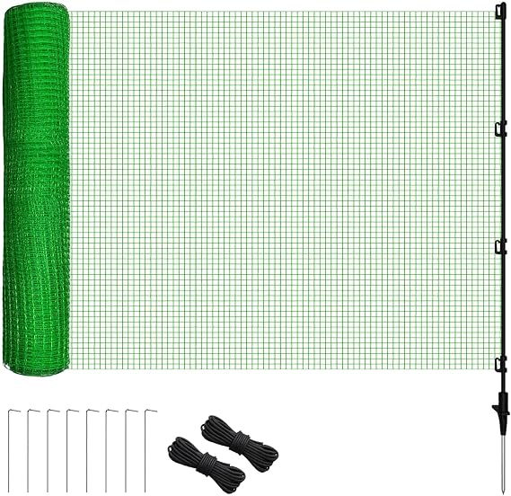 Temporary Fence 3x49.2 with 10 Step-in Posts, Portable Green Plastic Fencing Roll for Gardens, Backyards, Yards, Dogs, Outdoor Animals & Farms