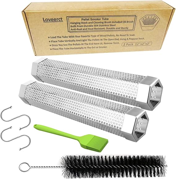 2 Pack 12" Smoker Tube, Pellet Smoker Tube Stainless Steel for BBQ Grill - 5 Hours Billowing Smoke for Hot/Cold Smoking Cheese, Meat, Fish, Hexagon Design, Includes Hooks, Basting & Cleaning Brushes