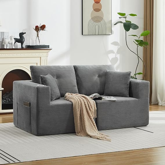 MAXYOYO 2 Seater Sofa with Cup Holder, Plush Corduroy Couch with Deep Seat No Assembly Required, Modular Sofa Convertable into 2 Single Sofa