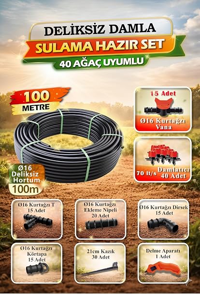 100 Metre 16 çap Deliksiz Damla Sulama Sistemi – Ağaç Sulama İçin Hazır Set, 40 Ağaç Uyumlu (HS0001)