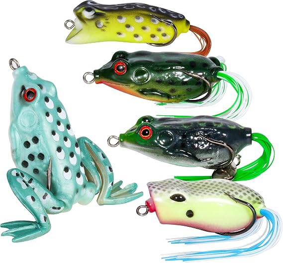 RUNCL Topwater Frog Lures - 5PCS Durable Lifelike Silicone Bass Bait Kit for Freshwater & Saltwater, Realistic Floating Frog Lures for Topwater Fishing of Pike, Snakehead, Salmon, Trout & Catfish