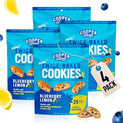 Cooper Street Italian Biscotti Cookies - Twice Baked Biscotti Style Cookie Biscuits in Delicious Blueberry Lemon Flavor | Crispy, Light and Healthy Cookies | Peanut & Dairy Free | 5oz | 4 Pack